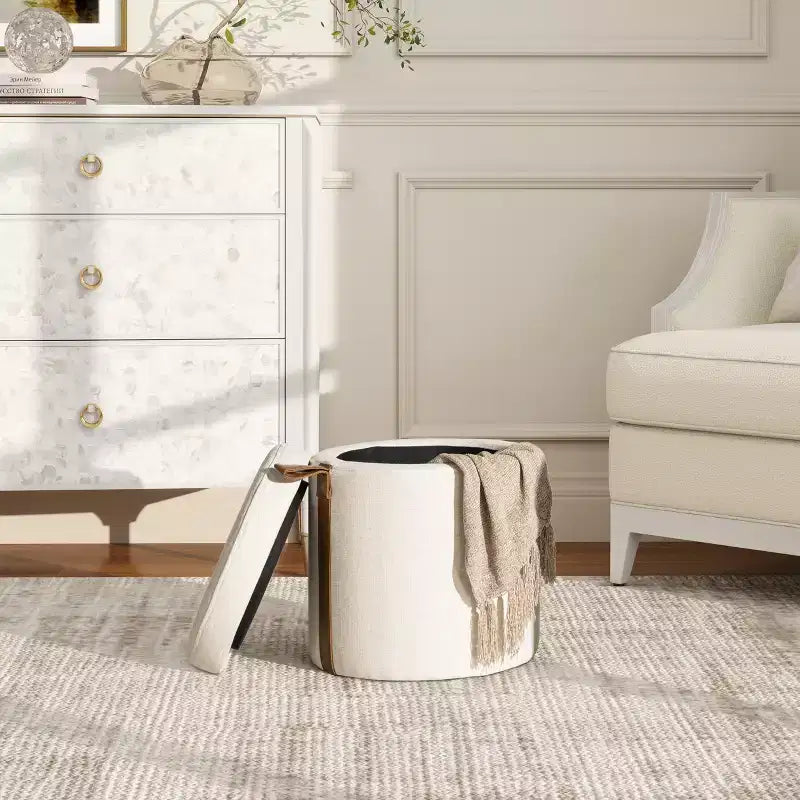 Pouf de rangement rond rembourré avec accent en cuir