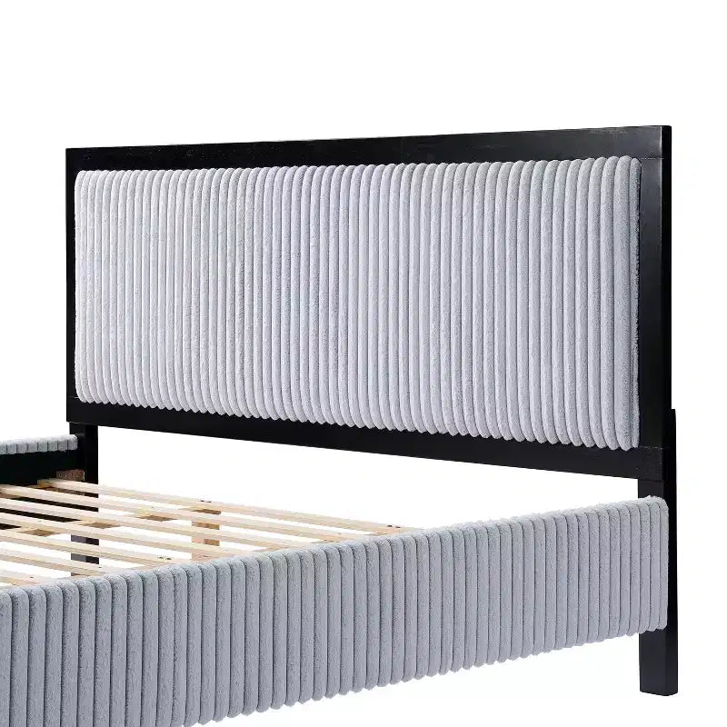 Lit plateforme capitonné contemporain en bois d'hévéa avec tête de lit