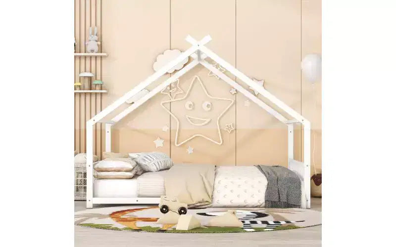 Lit métallique double avec cadre en forme de maison pour chambres élégantes
