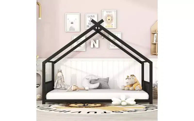 Lit métallique double avec cadre en forme de maison pour chambres élégantes