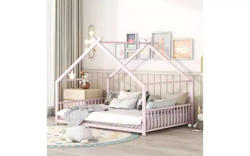 Lit métallique double avec cadre en forme de maison pour chambres élégantes