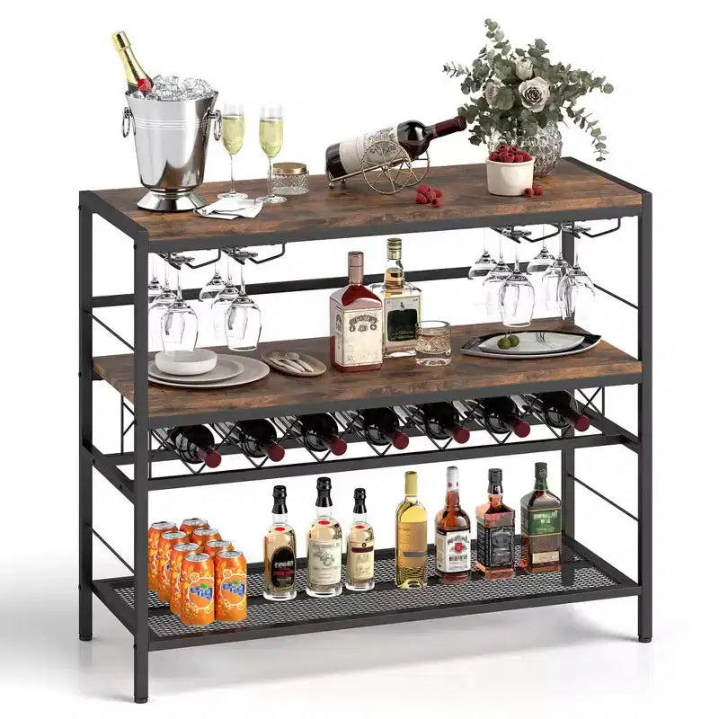 Costway 41 Wine Rack with 4 Glass Holders Wide Countertop Middle & Bottom Storage Shelves