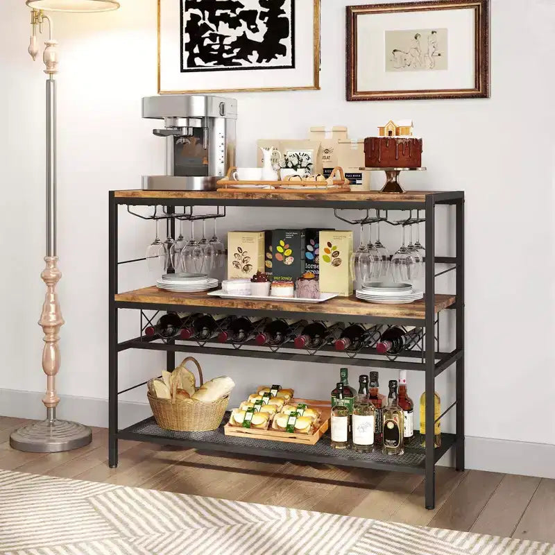 Range-bouteilles avec 4 porte-verres Large plan de travail Étagères de rangement centrales et inférieures
