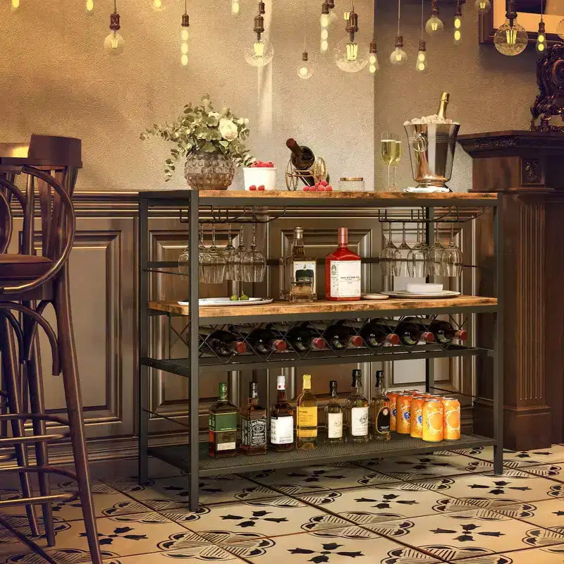 Range-bouteilles avec 4 porte-verres Large plan de travail Étagères de rangement centrales et inférieures
