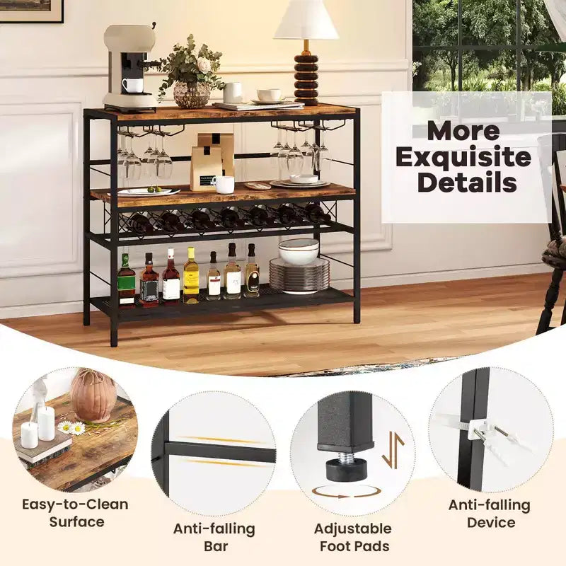 Range-bouteilles avec 4 porte-verres Large plan de travail Étagères de rangement centrales et inférieures