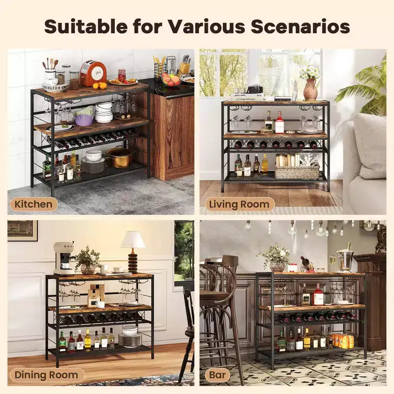 Range-bouteilles avec 4 porte-verres Large plan de travail Étagères de rangement centrales et inférieures