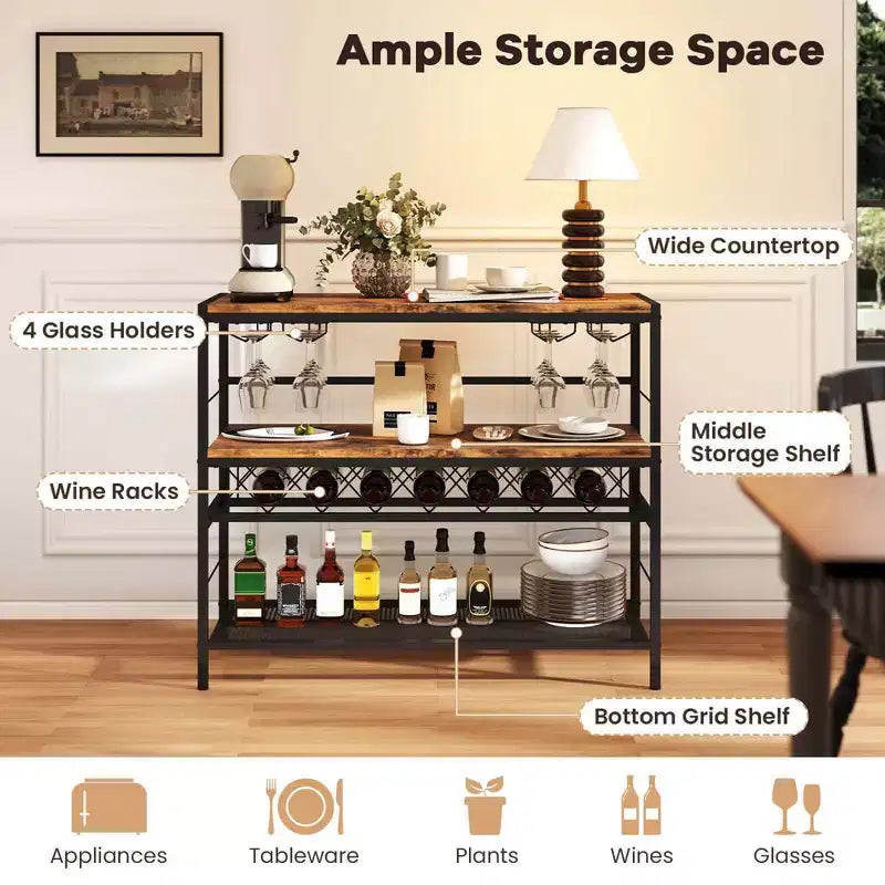 Range-bouteilles avec 4 porte-verres Large plan de travail Étagères de rangement centrales et inférieures