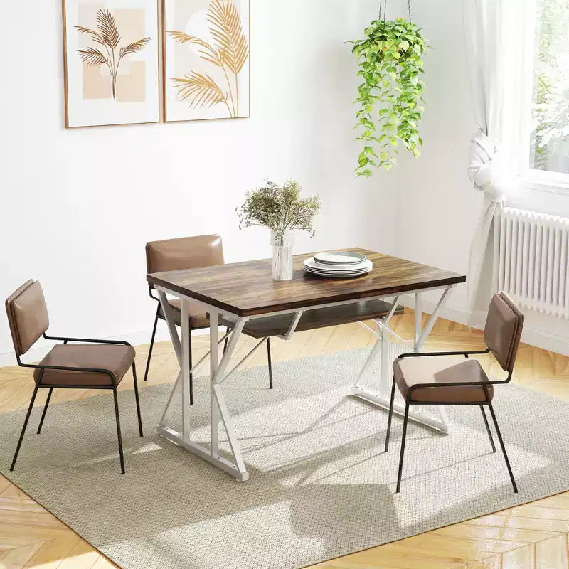Table à manger extensible 63-47 pour 4-6 personnes, Table de salle à manger extensible de style campagnard avec piètement en tréteaux, Table de cuisine