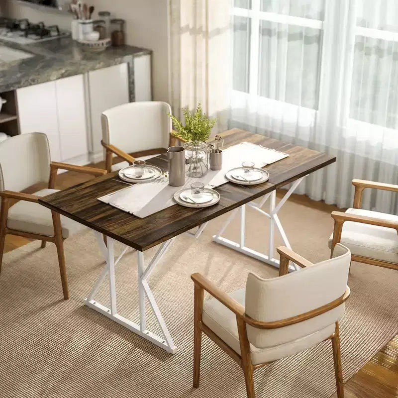 Table à manger extensible 63-47 pour 4-6 personnes, Table de salle à manger extensible de style campagnard avec piètement en tréteaux, Table de cuisine