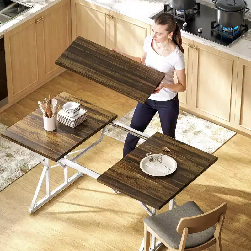 Table à manger extensible 63-47 pour 4-6 personnes, Table de salle à manger extensible de style campagnard avec piètement en tréteaux, Table de cuisine