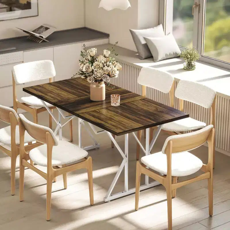 Table à manger extensible 63-47 pour 4-6 personnes, Table de salle à manger extensible de style campagnard avec piètement en tréteaux, Table de cuisine