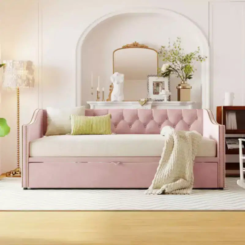 Lit de repos capitonné taille double avec lit gigogne relevable, Rose