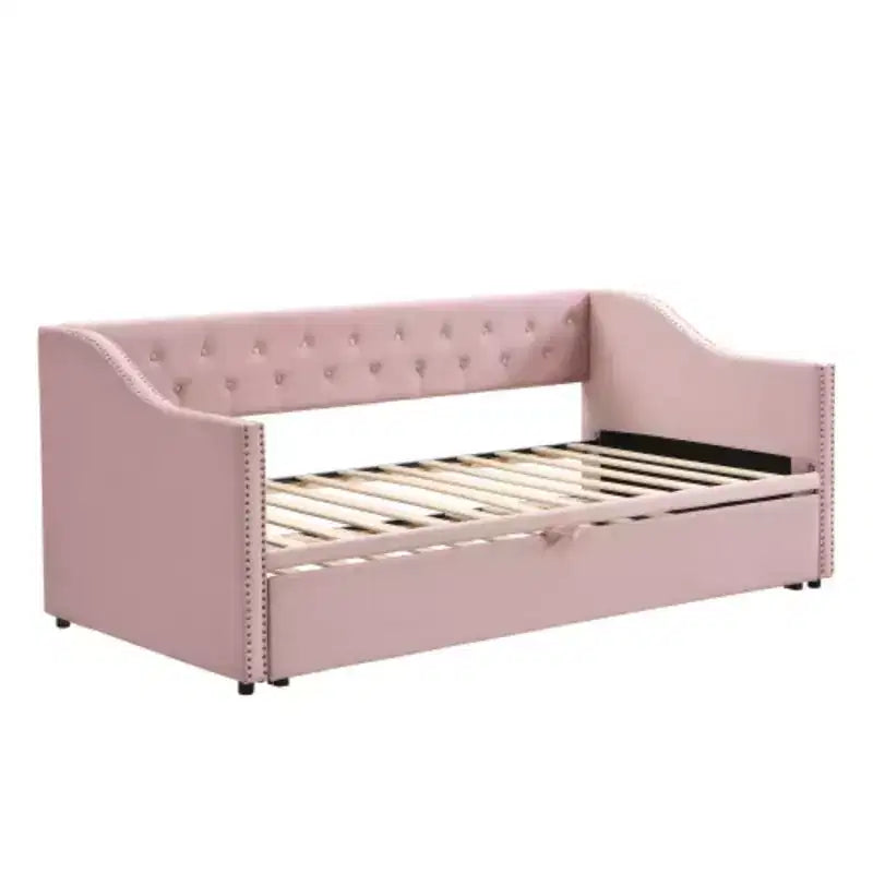Lit de repos capitonné taille double avec lit gigogne relevable, Rose