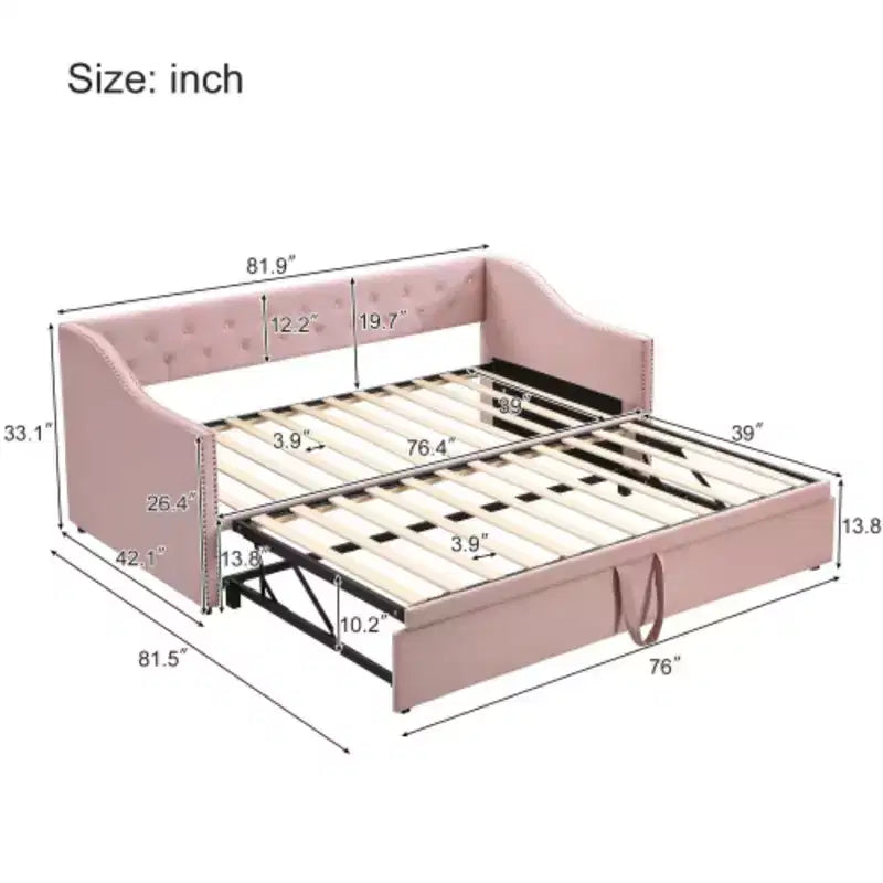 Lit de repos capitonné taille double avec lit gigogne relevable, Rose