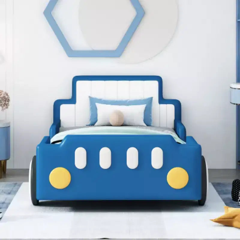 Lit plateforme en forme de voiture de course, avec roues, taille double, bleu