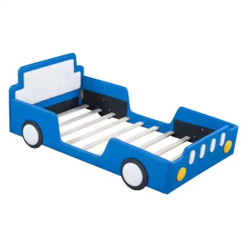 Lit plateforme en forme de voiture de course, avec roues, taille double, bleu