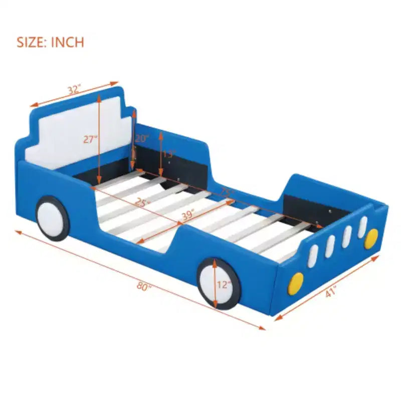 Lit plateforme en forme de voiture de course, avec roues, taille double, bleu