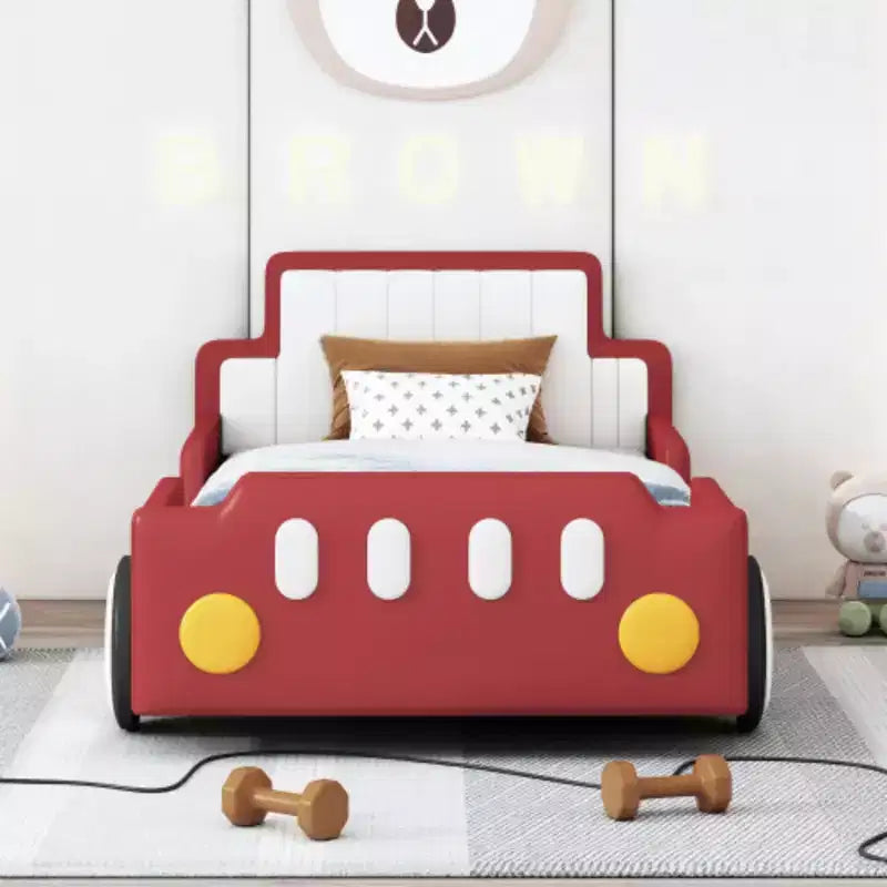 Lit plateforme en forme de voiture de course, avec roues, taille double, bleu