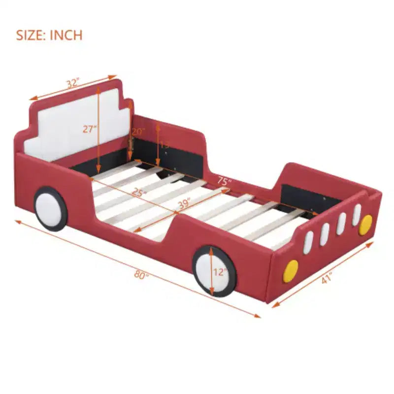 Lit plateforme en forme de voiture de course, avec roues, taille double, bleu
