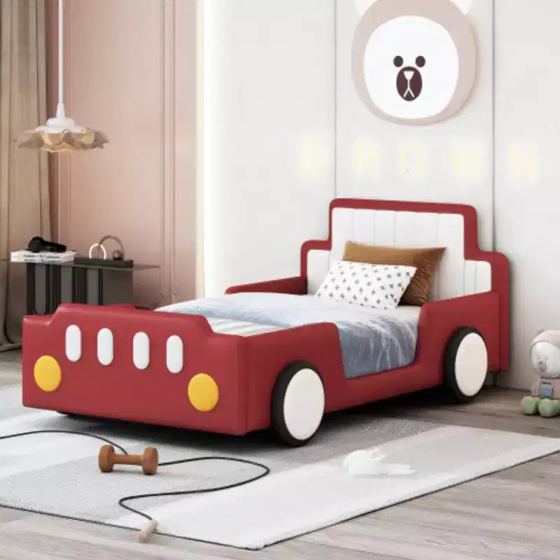 Lit plateforme en forme de voiture de course, avec roues, taille double, bleu