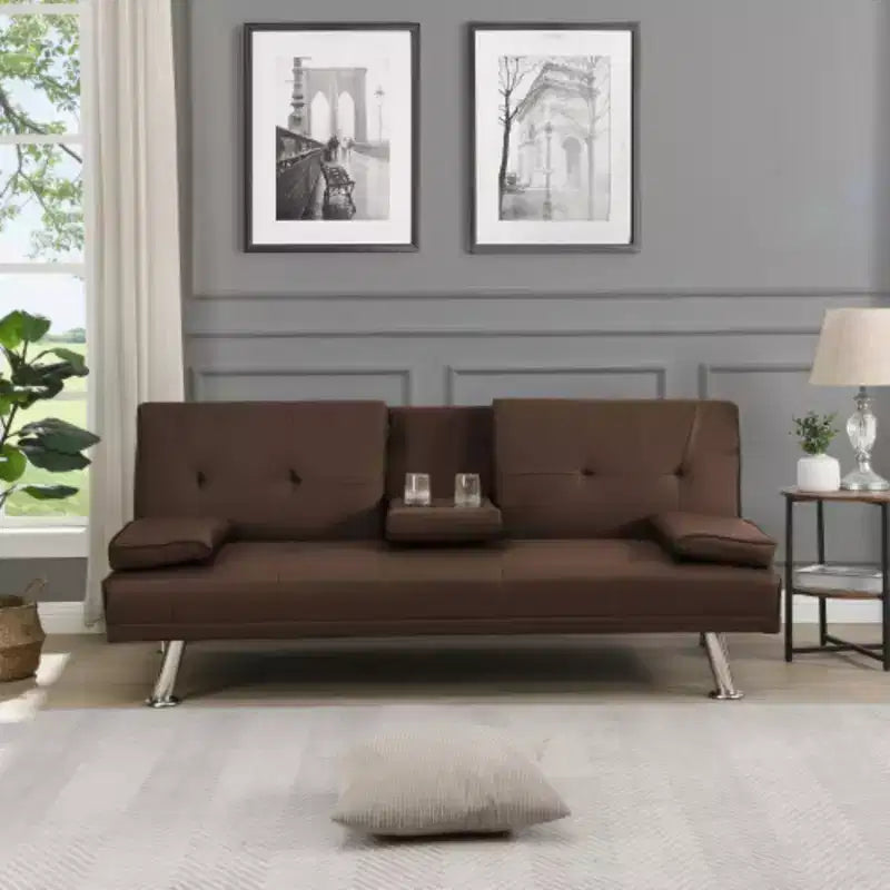 Sofa Bed with Armrest, Wood Frame, Two Holders, Stainless Steel Legs