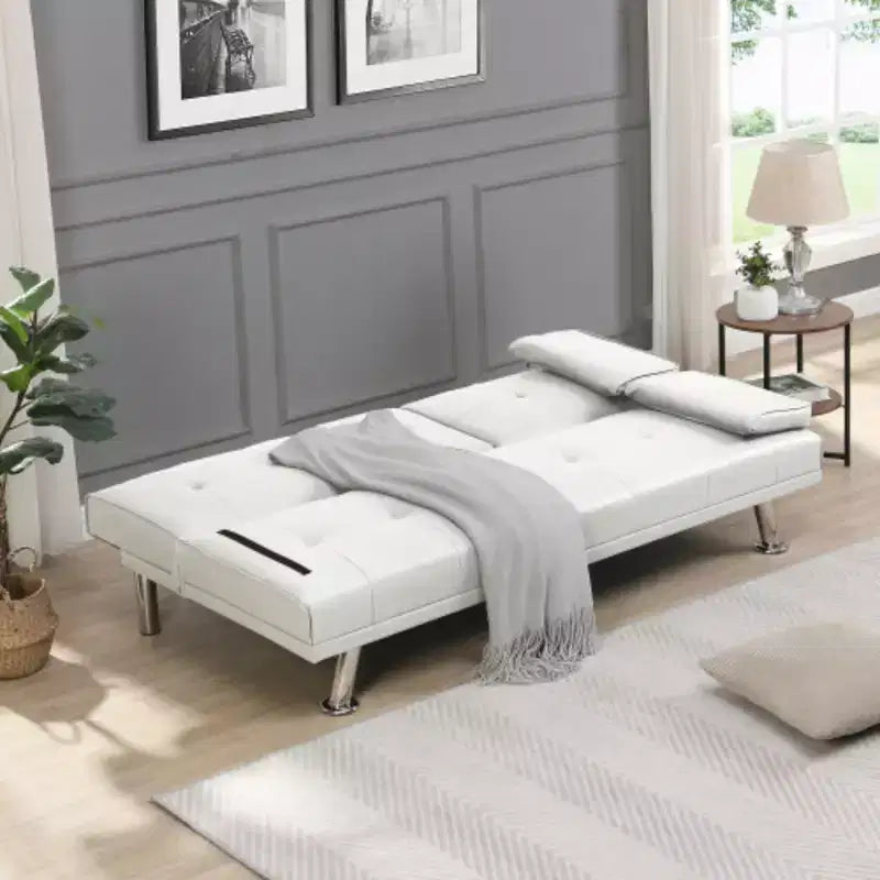 Canapé-lit avec accoudoirs, cadre en bois, deux porte-gobelets, pieds en acier inoxydable