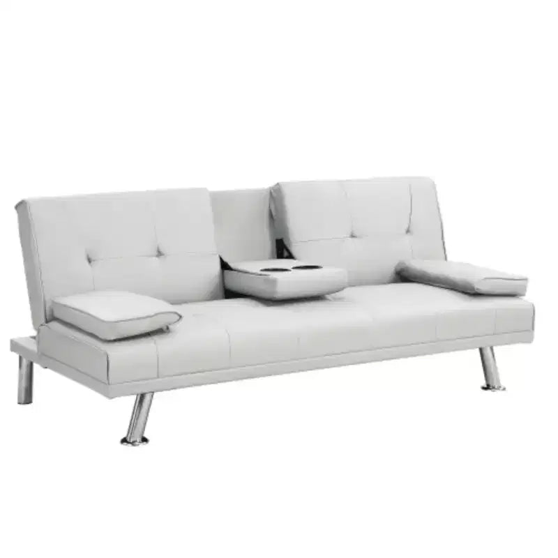 Canapé-lit avec accoudoirs, cadre en bois, deux porte-gobelets, pieds en acier inoxydable