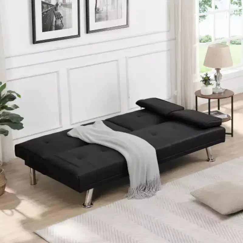 Canapé-lit avec accoudoirs, cadre en bois, deux porte-gobelets, pieds en acier inoxydable