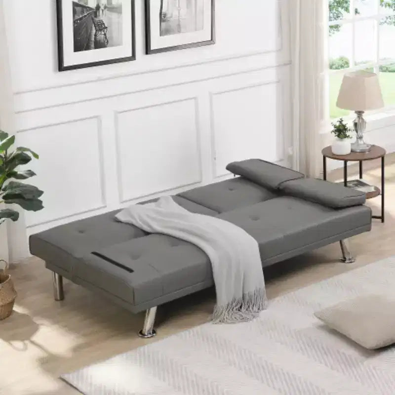 Canapé-lit avec accoudoirs, cadre en bois, deux porte-gobelets, pieds en acier inoxydable