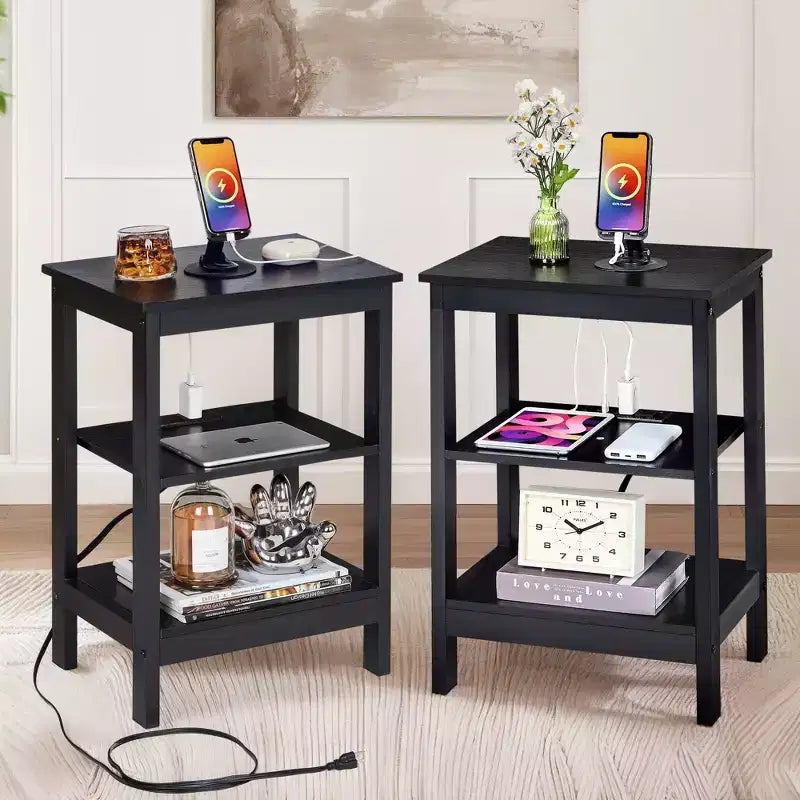 VECELO Modern Nightstand with Charging Station, Side End Table with Storage Shelf for Bedroom or Living Room, Small Spaces, Black/Brown/White