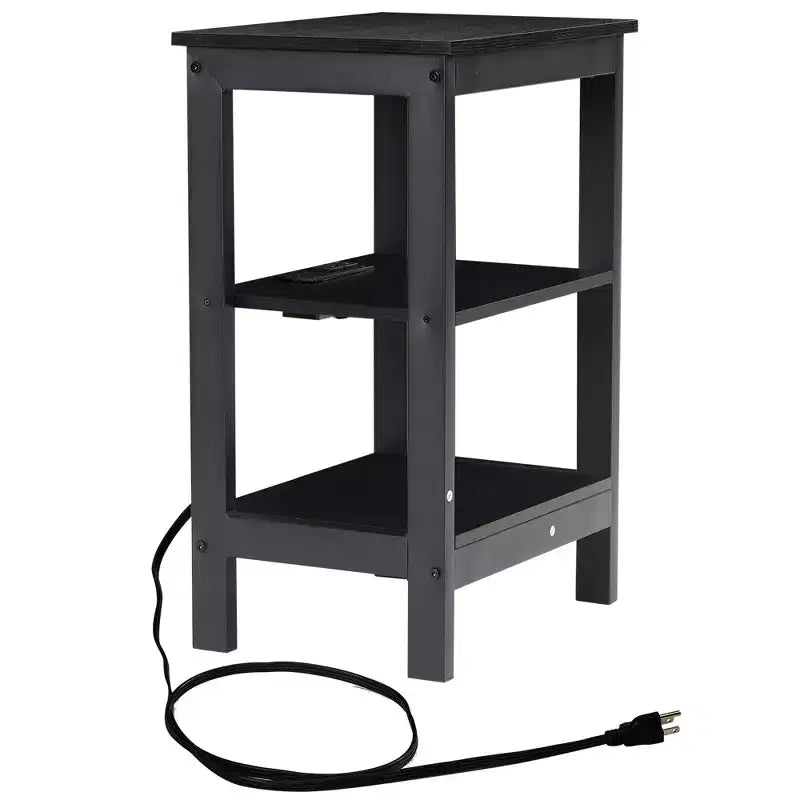 Table de chevet moderne avec station de recharge, Table d'appoint avec étagère de rangement pour chambre ou salon, Petits espaces, Noir/Marron/Blanc