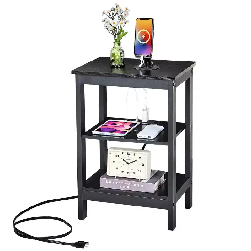 Table de chevet moderne avec station de recharge, Table d'appoint avec étagère de rangement pour chambre ou salon, Petits espaces, Noir/Marron/Blanc