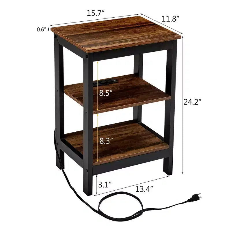Table de chevet moderne avec station de recharge, Table d'appoint avec étagère de rangement pour chambre ou salon, Petits espaces, Noir/Marron/Blanc