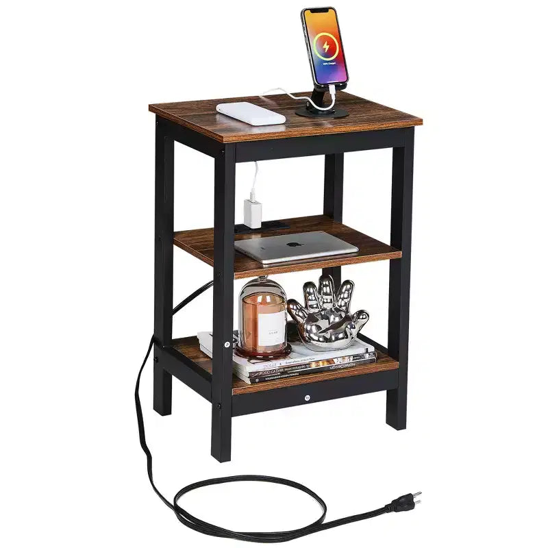 Table de chevet moderne avec station de recharge, Table d'appoint avec étagère de rangement pour chambre ou salon, Petits espaces, Noir/Marron/Blanc