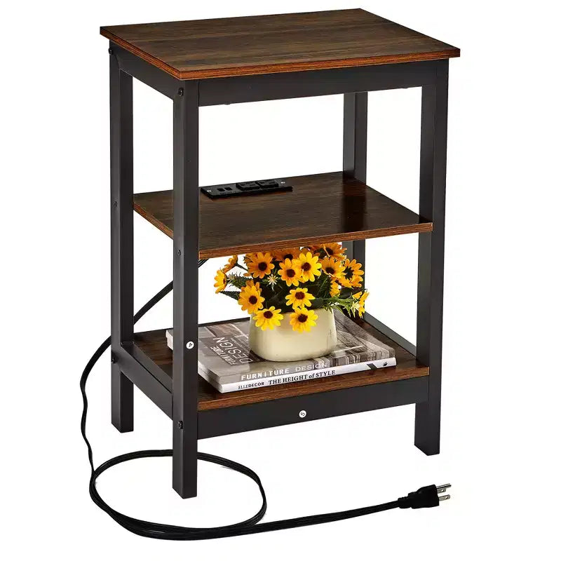 Table de chevet moderne avec station de recharge, Table d'appoint avec étagère de rangement pour chambre ou salon, Petits espaces, Noir/Marron/Blanc