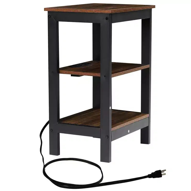 Table de chevet moderne avec station de recharge, Table d'appoint avec étagère de rangement pour chambre ou salon, Petits espaces, Noir/Marron/Blanc