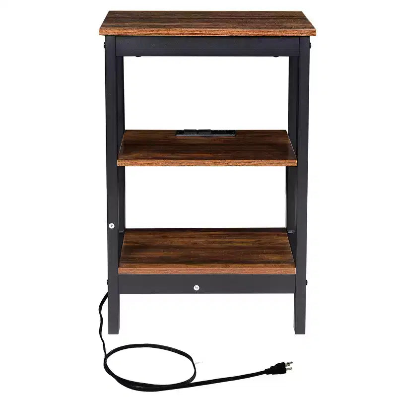 Table de chevet moderne avec station de recharge, Table d'appoint avec étagère de rangement pour chambre ou salon, Petits espaces, Noir/Marron/Blanc