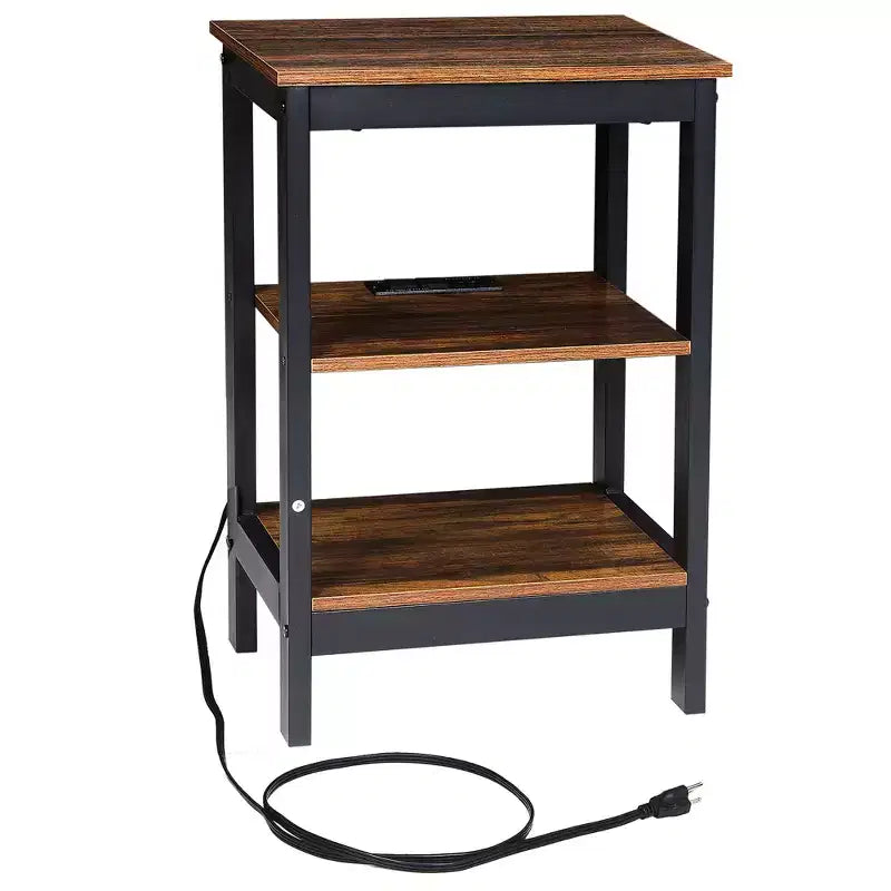 Table de chevet moderne avec station de recharge, Table d'appoint avec étagère de rangement pour chambre ou salon, Petits espaces, Noir/Marron/Blanc