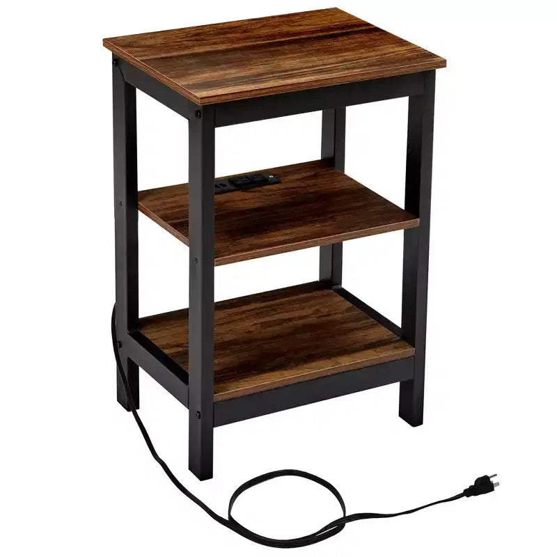 Table de chevet moderne avec station de recharge, Table d'appoint avec étagère de rangement pour chambre ou salon, Petits espaces, Noir/Marron/Blanc