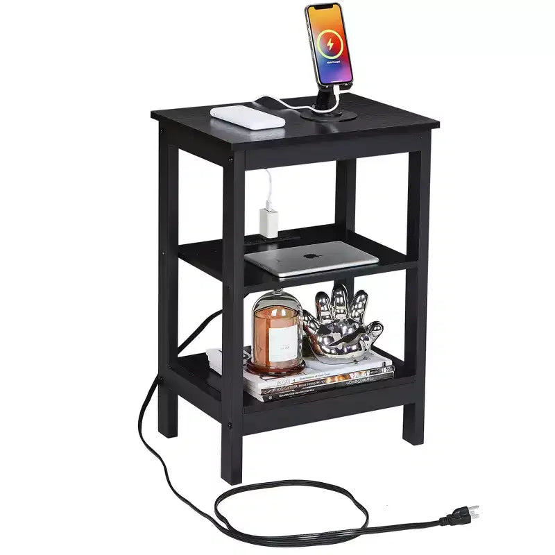 Table de chevet moderne avec station de recharge, Table d'appoint avec étagère de rangement pour chambre ou salon, Petits espaces, Noir/Marron/Blanc