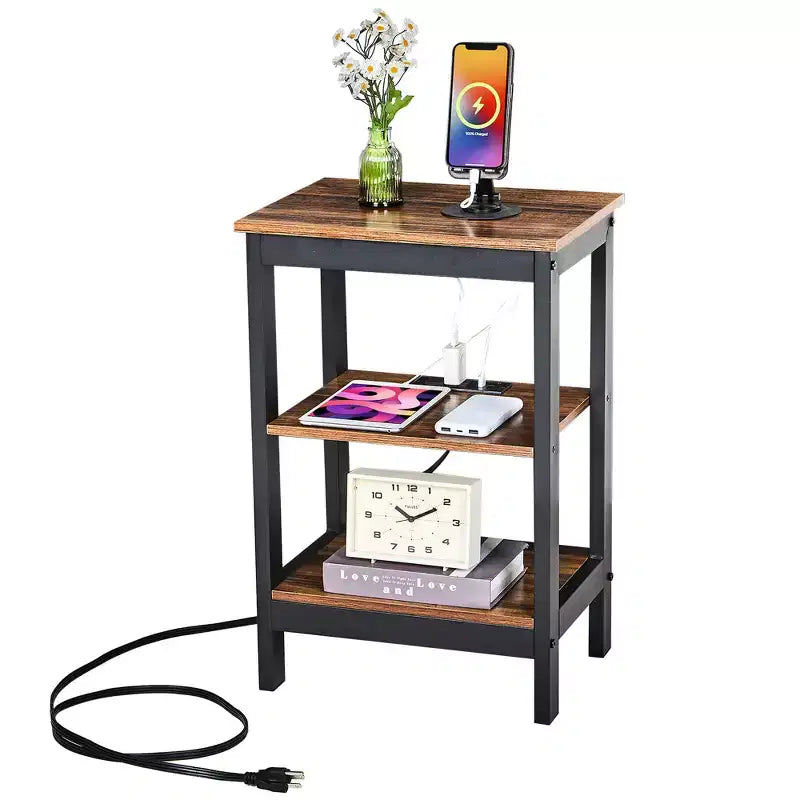 Table de chevet moderne avec station de recharge, Table d'appoint avec étagère de rangement pour chambre ou salon, Petits espaces, Noir/Marron/Blanc