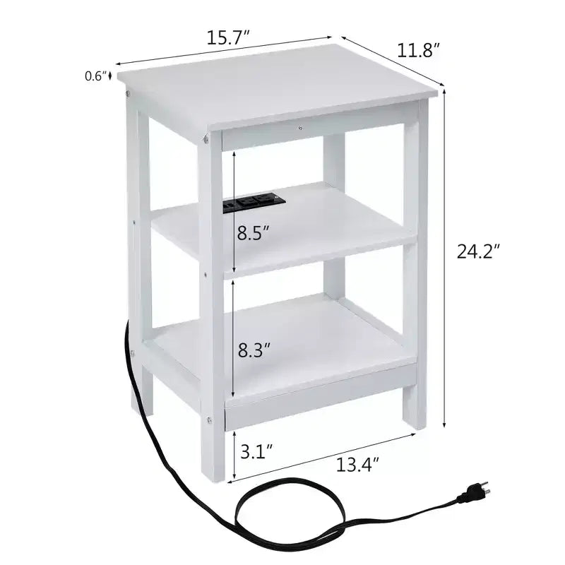 Table de chevet moderne avec station de recharge, Table d'appoint avec étagère de rangement pour chambre ou salon, Petits espaces, Noir/Marron/Blanc