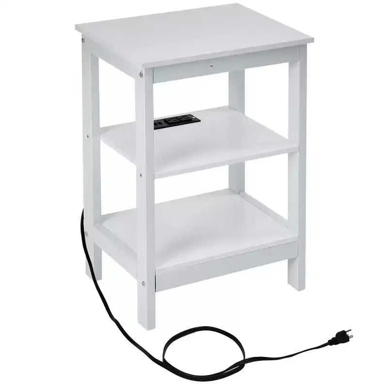 Table de chevet moderne avec station de recharge, Table d'appoint avec étagère de rangement pour chambre ou salon, Petits espaces, Noir/Marron/Blanc