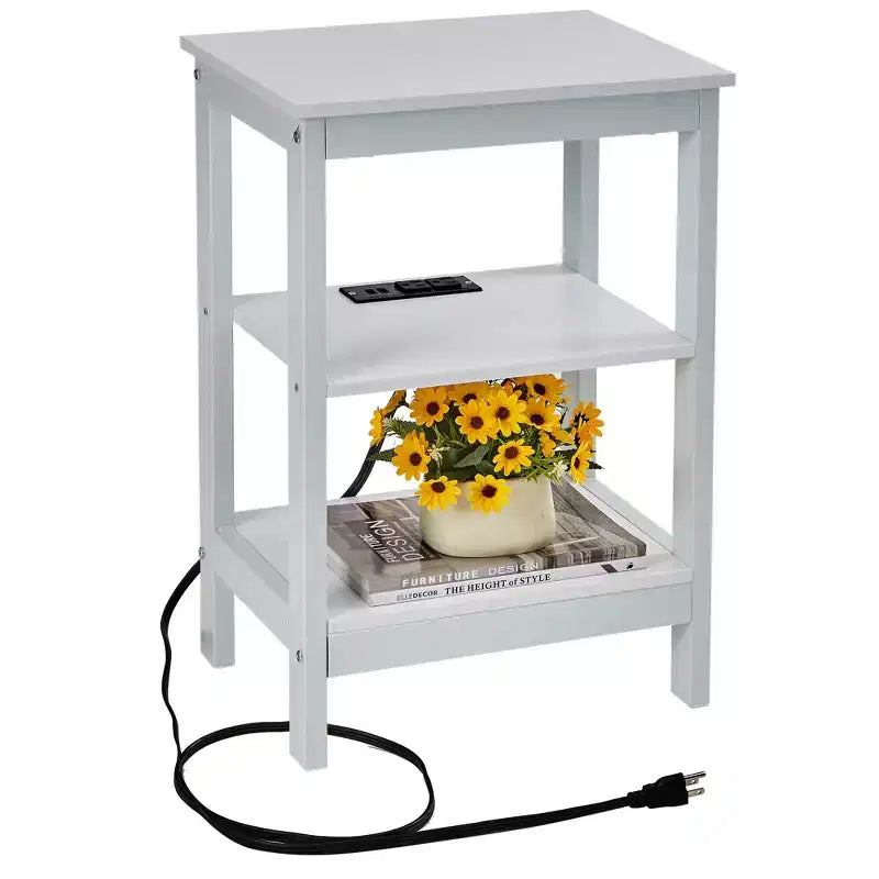 Table de chevet moderne avec station de recharge, Table d'appoint avec étagère de rangement pour chambre ou salon, Petits espaces, Noir/Marron/Blanc