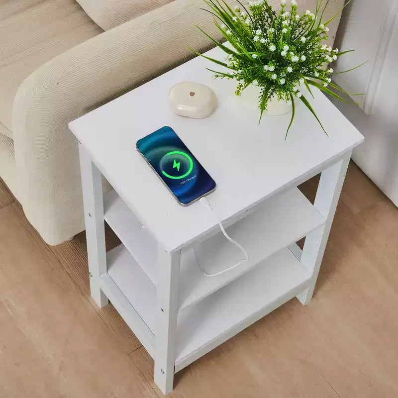 Table de chevet moderne avec station de recharge, Table d'appoint avec étagère de rangement pour chambre ou salon, Petits espaces, Noir/Marron/Blanc