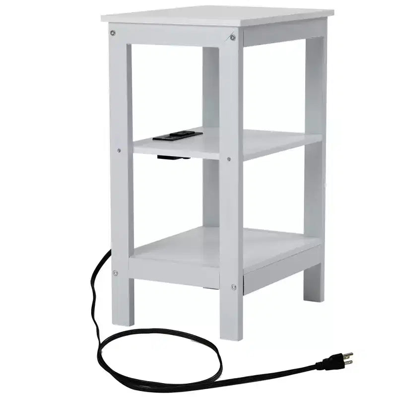 Table de chevet moderne avec station de recharge, Table d'appoint avec étagère de rangement pour chambre ou salon, Petits espaces, Noir/Marron/Blanc