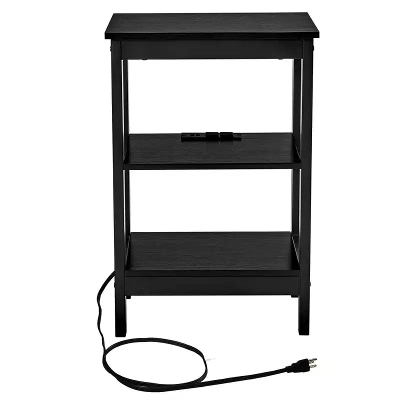 Table de chevet moderne avec station de recharge, Table d'appoint avec étagère de rangement pour chambre ou salon, Petits espaces, Noir/Marron/Blanc