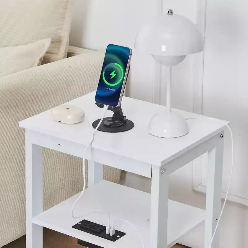 Table de chevet moderne avec station de recharge, Table d'appoint avec étagère de rangement pour chambre ou salon, Petits espaces, Noir/Marron/Blanc