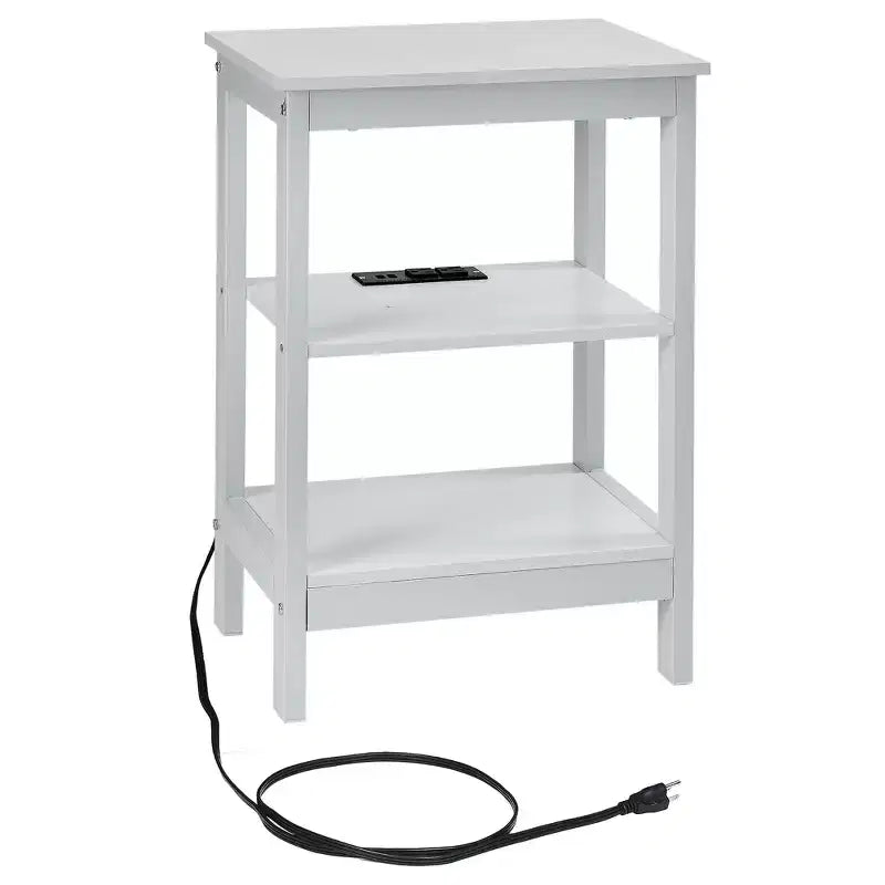 Table de chevet moderne avec station de recharge, Table d'appoint avec étagère de rangement pour chambre ou salon, Petits espaces, Noir/Marron/Blanc