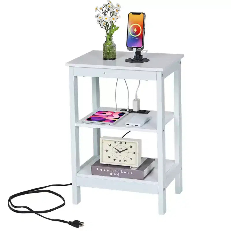 Table de chevet moderne avec station de recharge, Table d'appoint avec étagère de rangement pour chambre ou salon, Petits espaces, Noir/Marron/Blanc